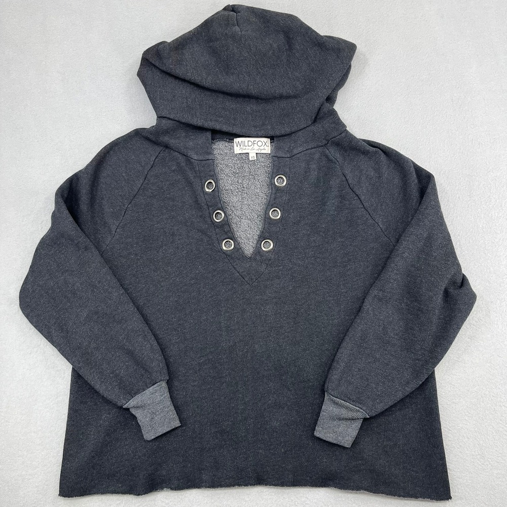 Wildfox Womens Gray Grommet Lace Up Hoodie Fleece Sweatshirt XS Made in USA
